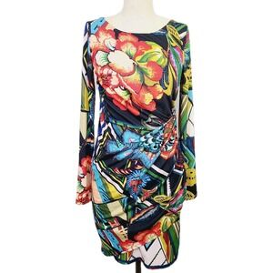 Desigual Rosita‎ Dress S Multi Colorful Floral Stretch Faux Wrap Bodycon Mini